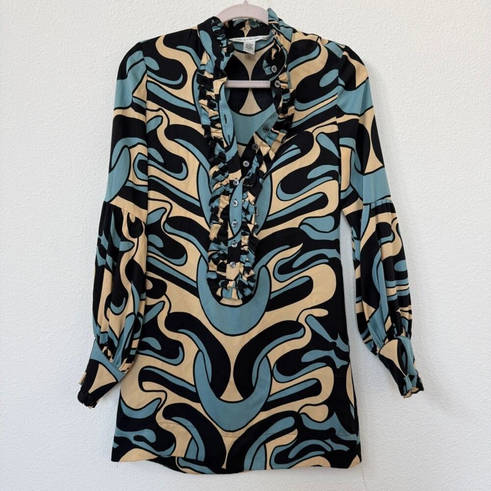 Diane von Furstenberg Silk Ruffle Abstract Print Shift Dress Blue Tan Size 4